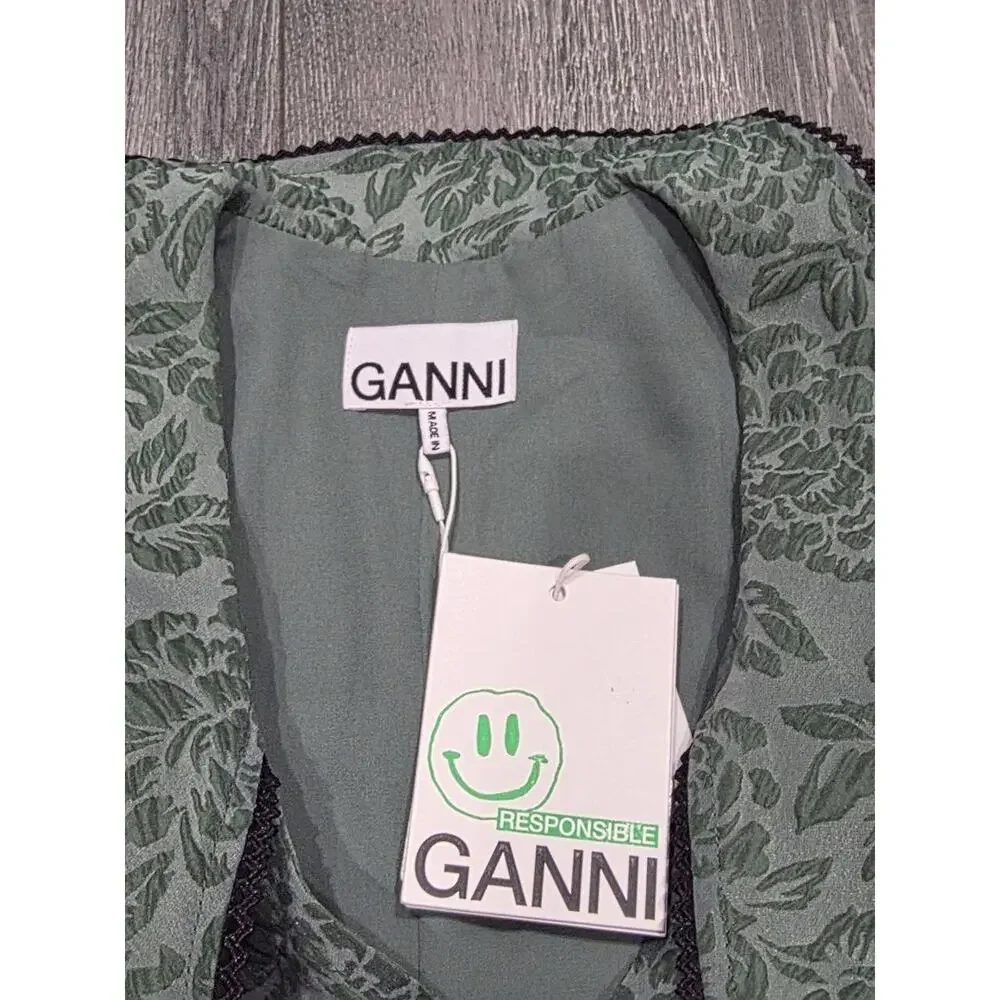 GANNI Organza Mini Dress Size 36 Myrtle Jacquard Balloon coquette fairy A004055 - Picture 7 of 13